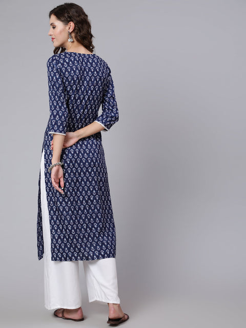 Women Blue Printed straight kurta with three quarter sleeves
