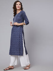 Women Blue Printed straight kurta with three quarter sleeves