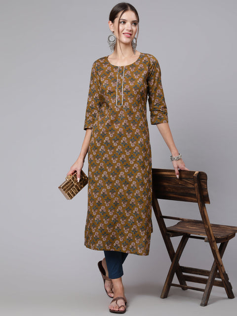 Women Brown Printed straight kurta with three quarter sleeves