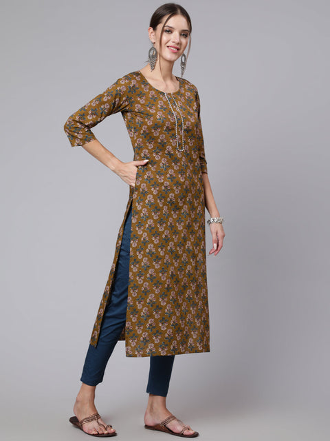 Women Brown Printed straight kurta with three quarter sleeves