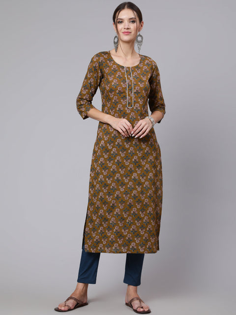 Women Brown Printed straight kurta with three quarter sleeves