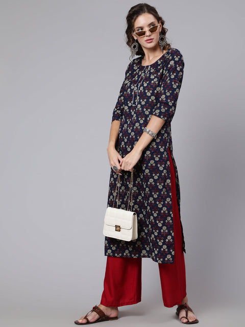 Women Navy Blue Printed straight kurta with three quarter sleeves