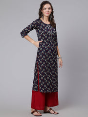 Women Navy Blue Printed straight kurta with three quarter sleeves
