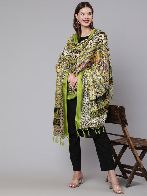 Women Black Solid Kurta And Palazzo With Printed Dupatta