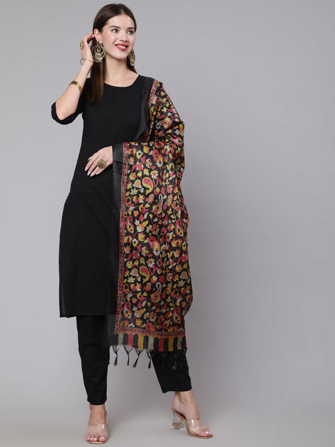 Women Black Solid Kurta And Palazzo With Printed Dupatta