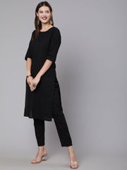 Women Black Solid Kurta And Palazzo With Printed Dupatta