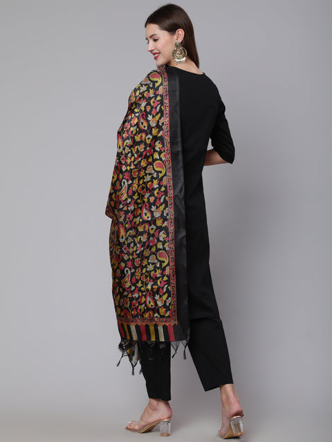 Women Black Solid Kurta And Palazzo With Printed Dupatta