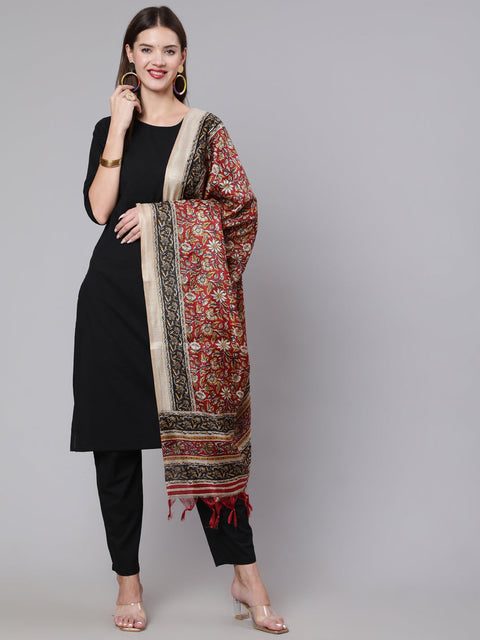 Women Black Solid Kurta And Palazzo With Printed Dupatta