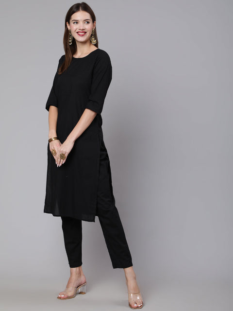 Women Black Solid Kurta And Palazzo With Printed Dupatta