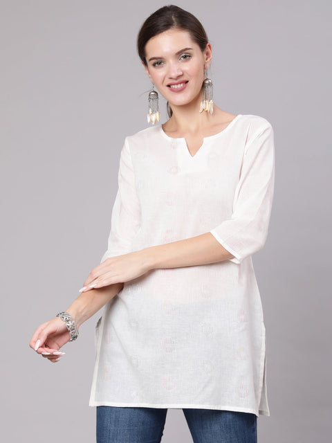 Women White Printed Straight Tunic With Three Quarter Sleeves