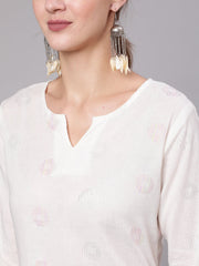 Women White Printed Straight Tunic With Three Quarter Sleeves