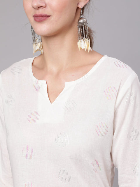 Women White Printed Straight Tunic With Three Quarter Sleeves