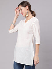 Women White Printed Straight Tunic With Three Quarter Sleeves