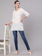 Women White Printed Straight Tunic With Three Quarter Sleeves