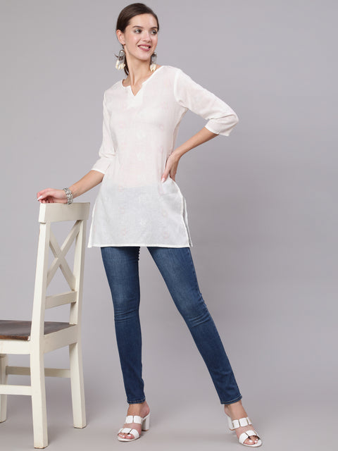 Women White Printed Straight Tunic With Three Quarter Sleeves
