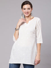 Women White Printed Straight Tunic With Three Quarter Sleeves