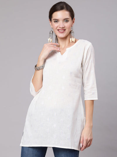 Women White Printed Straight Tunic With Three Quarter Sleeves