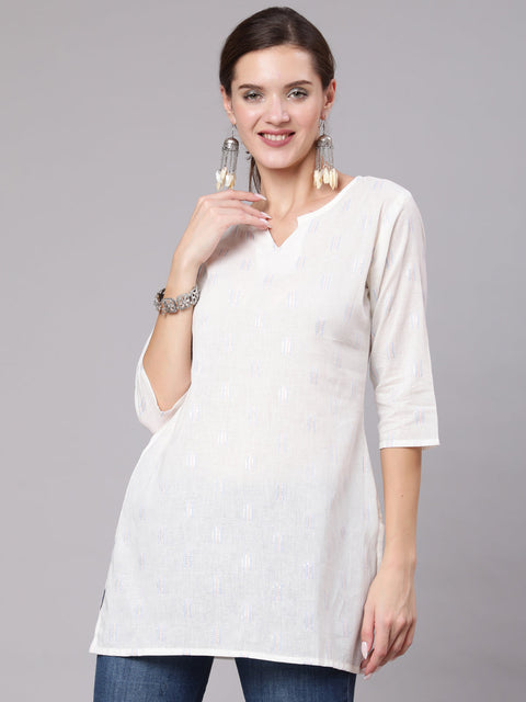 Women White Printed Straight Tunic With Three Quarter Sleeves