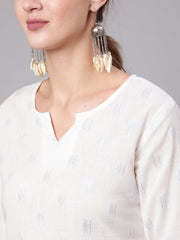 Women White Printed Straight Tunic With Three Quarter Sleeves