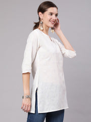 Women White Printed Straight Tunic With Three Quarter Sleeves