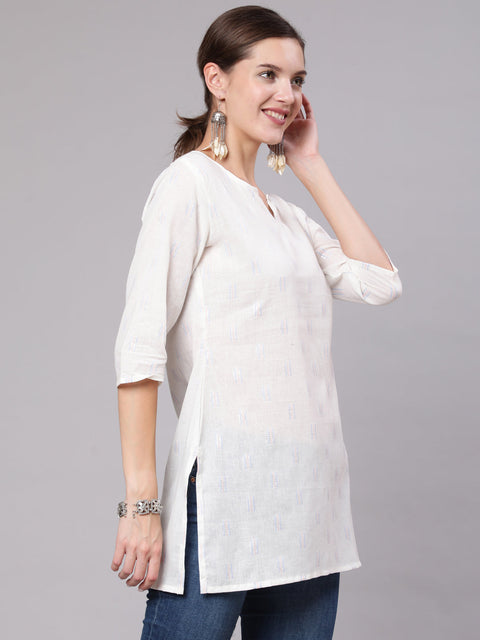 Women White Printed Straight Tunic With Three Quarter Sleeves