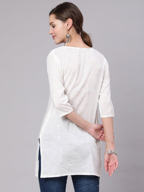 Women White Printed Straight Tunic With Three Quarter Sleeves