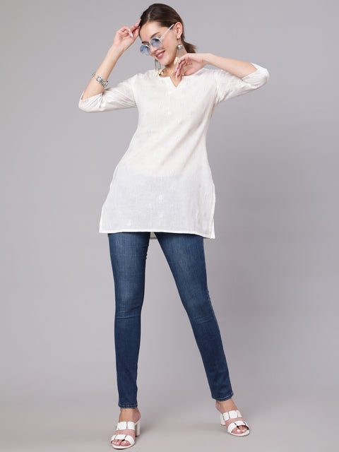 Women White Printed Straight Tunic With Three Quarter Sleeves