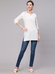 Women White Printed Straight Tunic With Three Quarter Sleeves