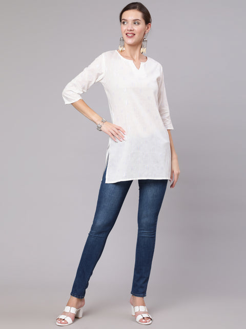 Women White Printed Straight Tunic With Three Quarter Sleeves