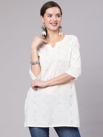 Women White Printed Straight Tunic With Three Quarter Sleeves