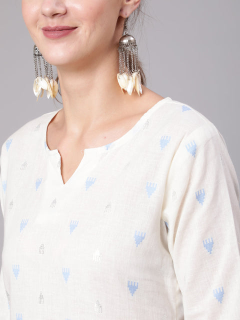 Women White Printed Straight Tunic With Three Quarter Sleeves