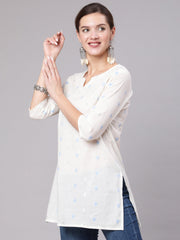 Women White Printed Straight Tunic With Three Quarter Sleeves