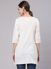 Women White Printed Straight Tunic With Three Quarter Sleeves