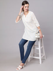 Women White Printed Straight Tunic With Three Quarter Sleeves