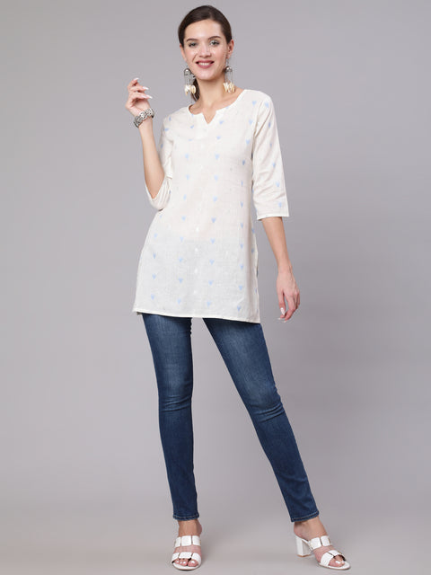 Women White Printed Straight Tunic With Three Quarter Sleeves