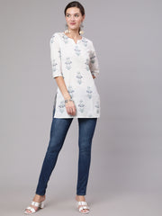 Women White Printed Straight Tunic With Three Quarter Sleeves