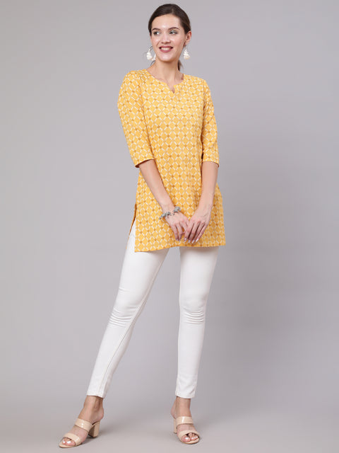 Women Yellow Printed Straight Tunic With Three Quarter Sleeves