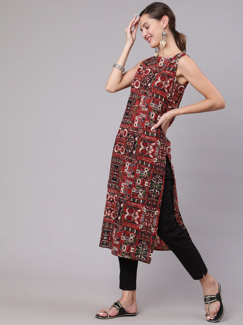 Women Multicoloured Printed Thread Work Kurta