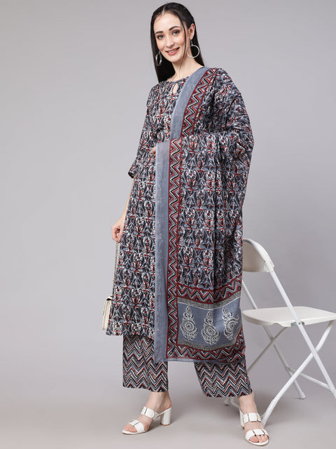 Women Multi Ethnic Printed Kurta With Palazzo And Dupatta
