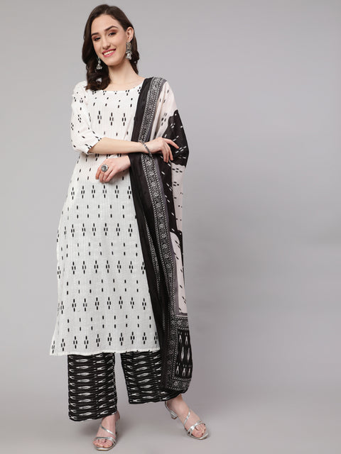 Women Off White Printed Straight Kurta With Palazzo & Dupatta