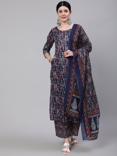 Women Multi Printed Straight Kurta With Palazzo & Dupatta