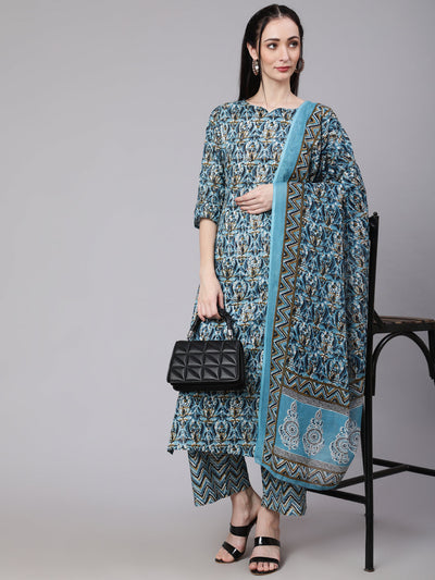 Women Multi Ethnic Printed Kurta With Palazzo And Dupatta