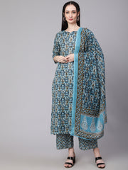 Women Multi Ethnic Printed Kurta With Palazzo And Dupatta