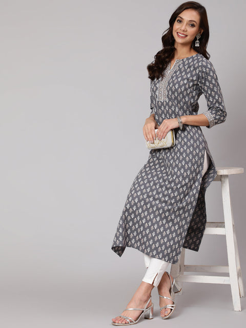 Women Grey Printed Straight kurta With Three Quarter Sleeves
