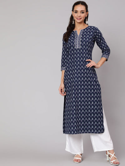 Women Blue Printed Straight kurta With Three Quarter Sleeves