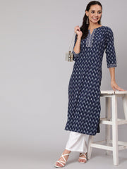 Women Blue Printed Straight kurta With Three Quarter Sleeves