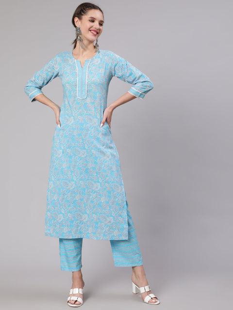 Women Blue Printed Straight Kurta And Trouser