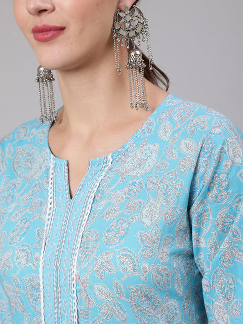 Women Blue Printed Straight Kurta And Trouser