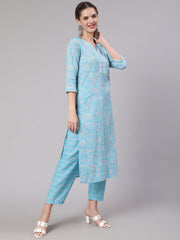 Women Blue Printed Straight Kurta And Trouser
