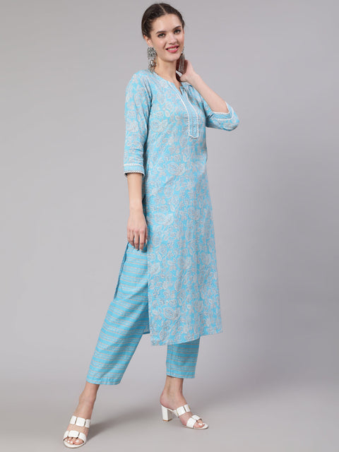 Women Blue Printed Straight Kurta And Trouser